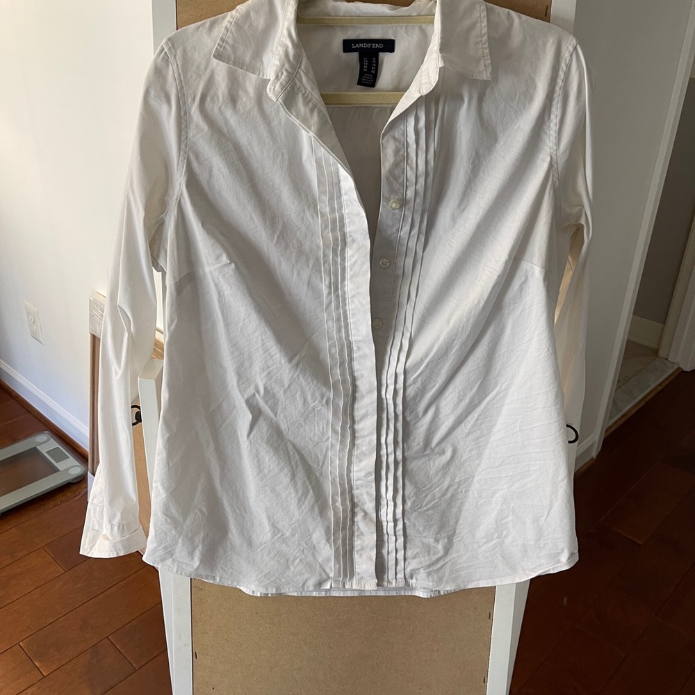 White Lands End Pleat Ruffle Front Button Up 10